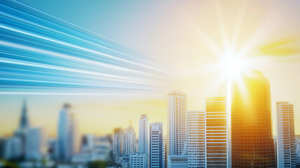 Obraz premium Bright city skyline with modern buildings and sun rays