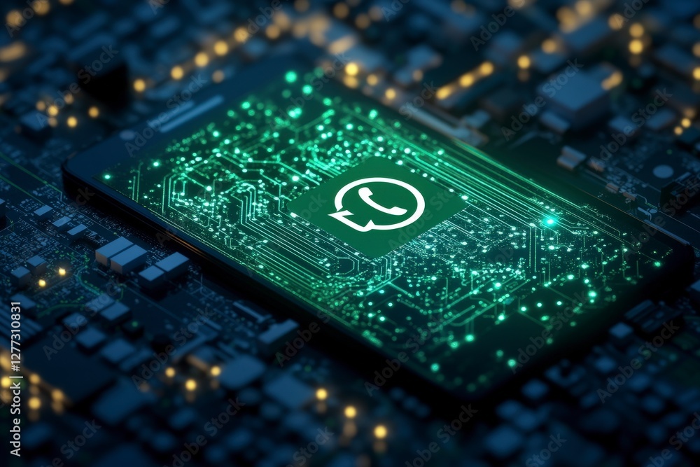 Poster futuristic smartphone displaying technology-driven messaging app icon