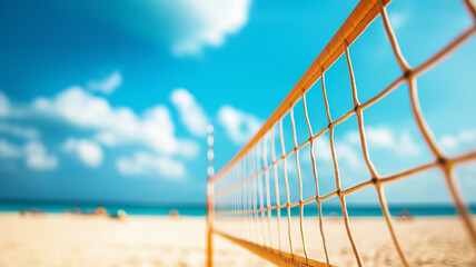 vibrant beach volleyball court with net against stunning blue sky and ocean backdrop, inviting fun and relaxation