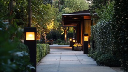 Fototapeta premium Illuminated pathway leading to modern building in lush garden at dusk.