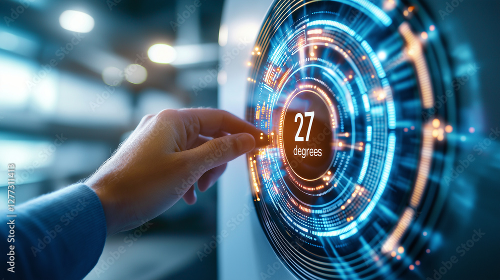 Poster close up of hand adjusting digital thermostat displaying 27 degrees. futuristic interface features v