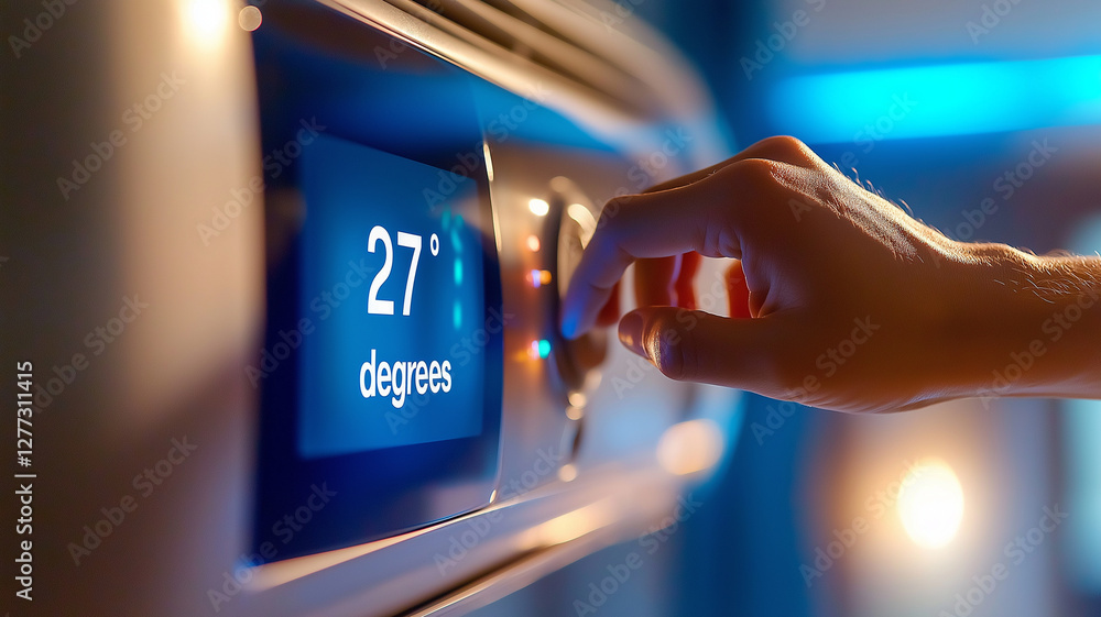Poster adjusting temperature on air conditioner display, hand turns dial to set it to 27 degrees. modern de