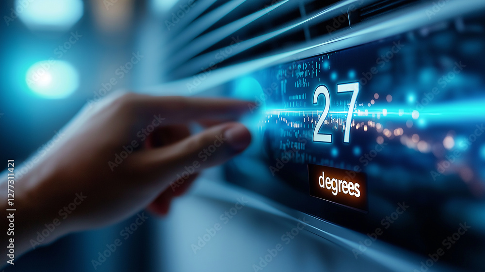 Poster close up of hand adjusting temperature on air conditioner display, showing 27 degrees. background fe