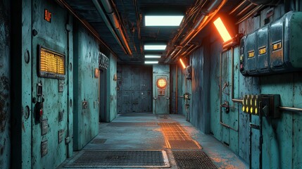 Fototapeta premium Industrial Corridor with Pipes and Vintage Control Panels