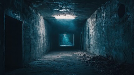 Obraz premium Dimly Lit Abandoned Hallway with Mysterious Light Source