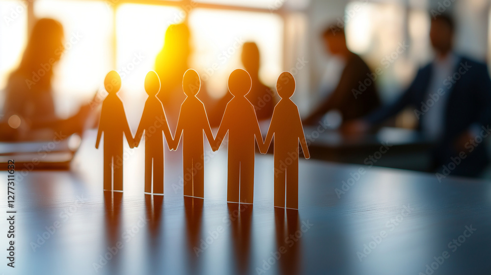 Poster close up of paper figures standing in row, holding hands, symbolizing unity and teamwork. background