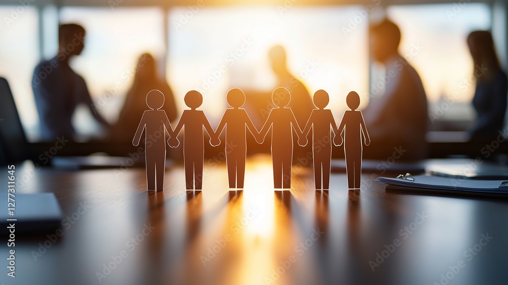 Poster close up of paper figures holding hands in row, symbolizing unity and teamwork. warm glow of sunset 