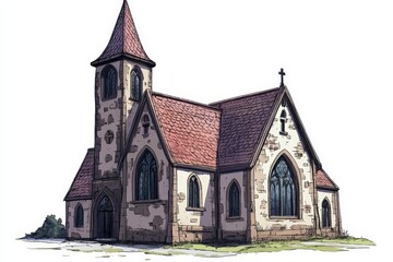 Vintage Gothic Style Church with Tall Spire and Arched Windows