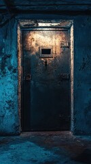 Mysterious Dark Metallic Door with Dim Light in Abandoned Setting