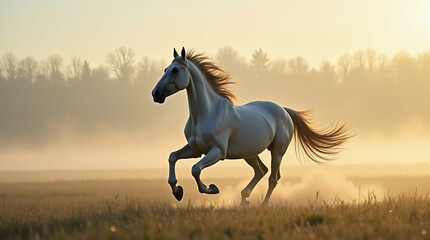 Graceful Horse Galloping Through a Misty Field