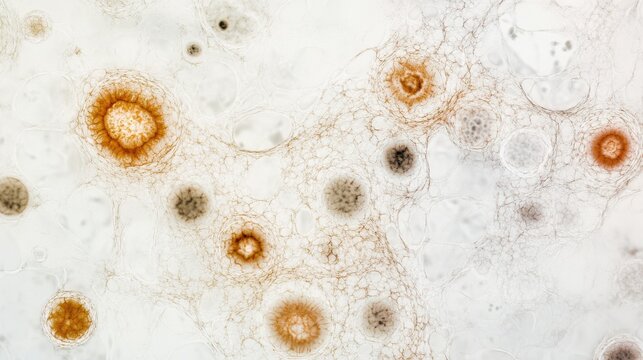 Aging cells observed under a microscope in a bright laboratory. Featuring oxidative stress and fragmentation