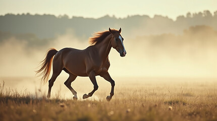 Obraz premium Graceful Horse Galloping Through a Misty Field