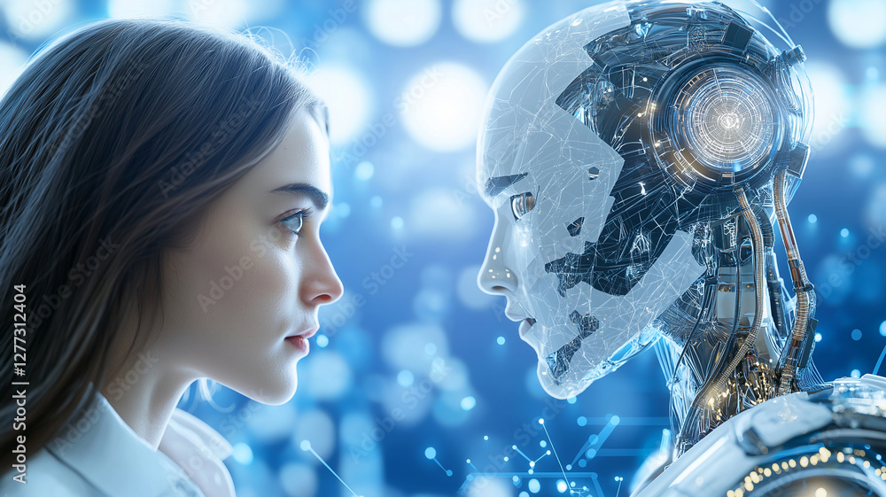 Poster human and robot face off in futuristic battle, showcasing contrast between organic and artificial in