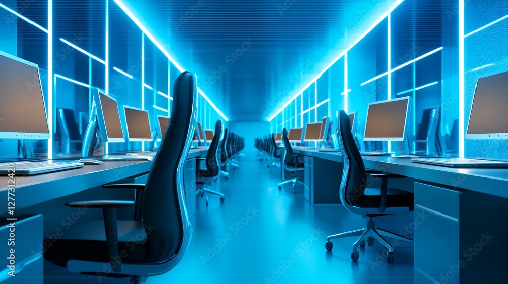 Aufkleber rows of empty office desks with computers and chairs in blue light