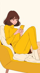 スマホを見つめる黒髪の女性｜SNSチェック、ナイトタイム。スマートフォン9:16のアスペクト比