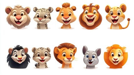 Cartoon animal faces, various cute wild animal heads, smiling expressions, kids design, illustration, digital art.