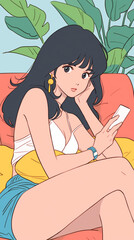 部屋でスマホをいじる女性｜インターネット、通信、現代生活。スマートフォン9:16のアスペクト比