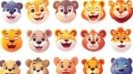 Obraz premium Cartoon animal faces, various expressions, cute animal heads.