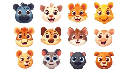 Cartoon animal faces, various expressions, happy, cute, childlike