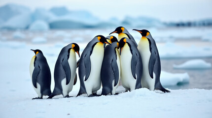 Fototapeta premium Group of Penguins Huddled on an Icy Landscape