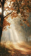Fototapeta premium Serene Autumn Pathway with Sunlight Filtering Through Trees