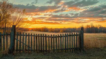 Obraz premium Tranquil Sunset Over a Rustic Wooden Fence in a Meadow