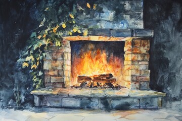Cozy Stone Fireplace with Flickering Flames and Green Leaves