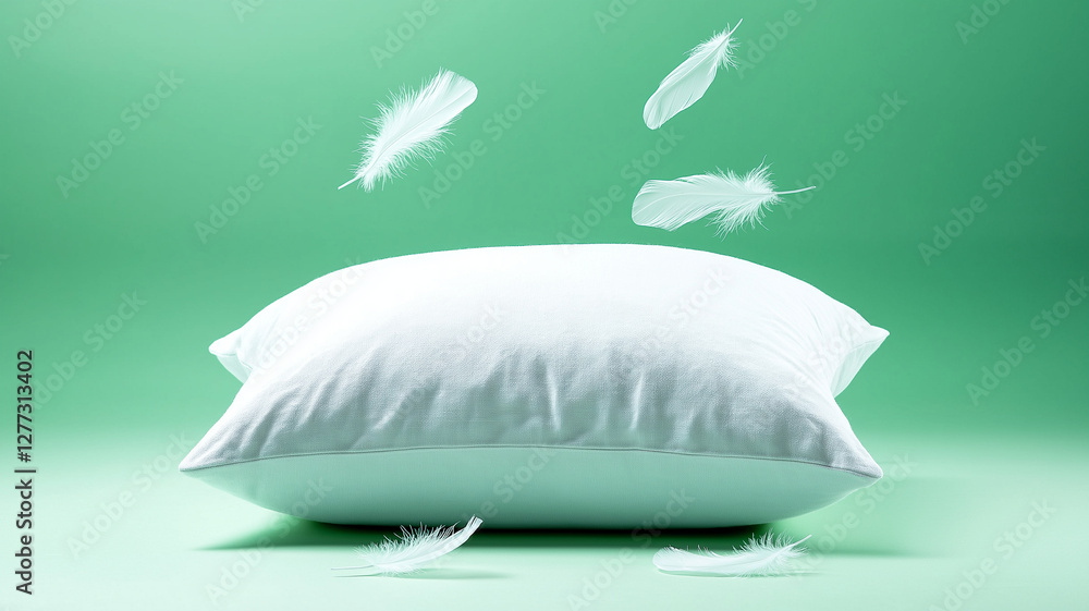 Poster soft white pillow surrounded by floating white feathers on green background creates serene and calmi
