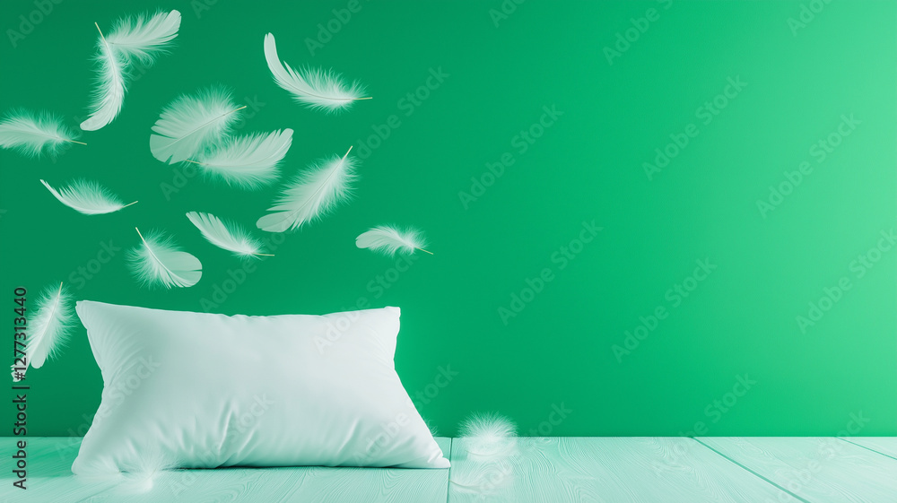 Poster soft white feathers floating around plush pillow against vibrant green background, creating serene a