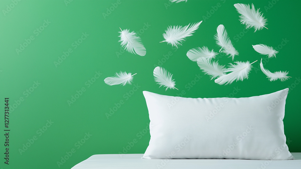 Aufkleber soft white feathers floating around white pillow on green background create serene and calming atmos
