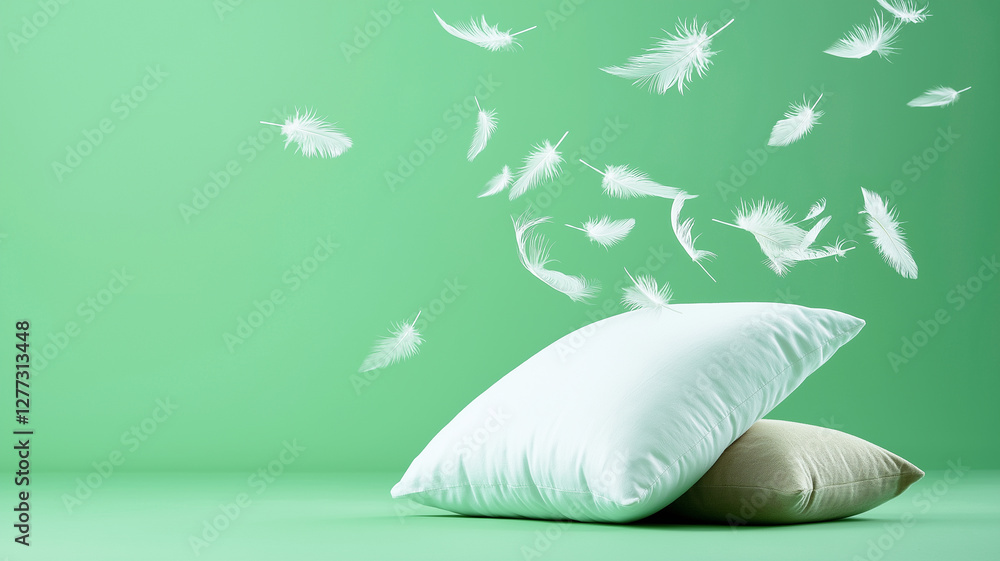 Poster soft pillows with white feathers floating around create serene atmosphere. gentle movement of feathe