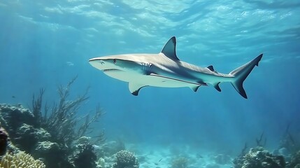 Fototapeta premium A graceful shark swimming peacefully through crystal-clear blue waters with colorful coral reefs in the background