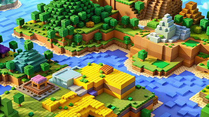 Colorful voxel landscape with terraced farms and flowing river system in cubic art style, featuring multi-level terrain and architectural elements across diverse biomes. Block-based farming world conc