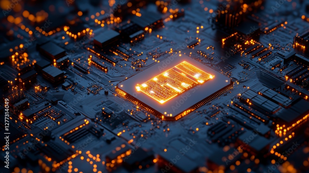 Poster illuminated circuit board with glowing processor