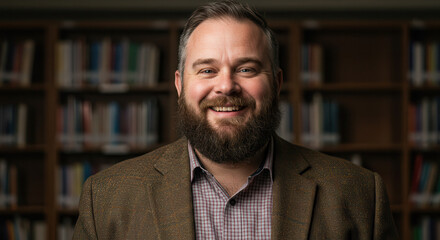 Portrait of smiling man with beard in front of bookshelves in library setting.