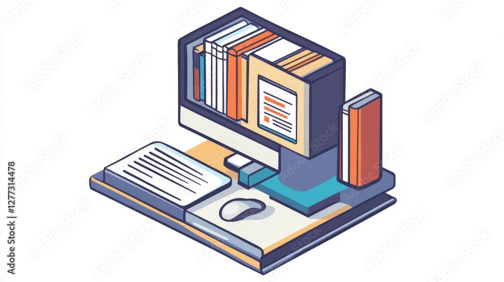 Poster modern workspace illustration featuring computer and bookshelf