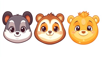 Fototapeta premium Cartoon animal heads, cute bear faces, various animal expressions.