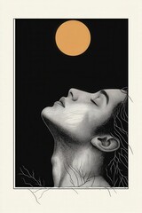 Serene Portrait of Woman Under a Large Golden Circle in Darkness