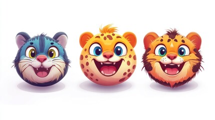 Fototapeta premium Cartoon animal heads, three faces of cute stylized leopards and cats in round shapes.