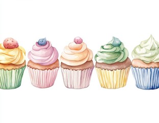 Colorful Watercolor Cupcakes on White Background for Dessert Lovers