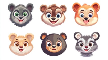 Fototapeta premium Cartoon animal heads, various species, adorable expressions.