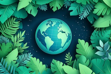 Earth surrounded by tropical leaves