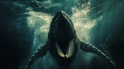Obraz premium A humpback whale is seen with its mouth fully open, capturing fish beneath the surface of the ocean. Sunlight filters through the water, creating mesmerizing patterns around the whale