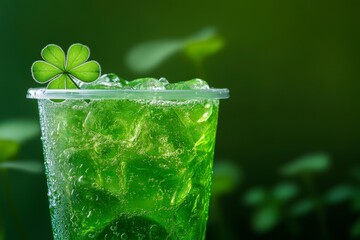 Refreshing Green Beverage with Ice and Clover Decoration