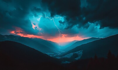 Stormy sunset over mountain valley