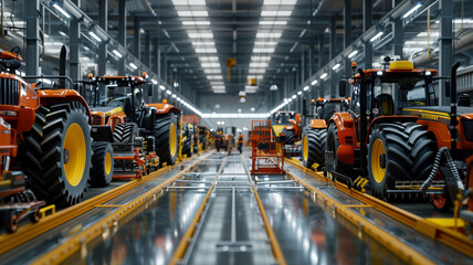 Inside an agricultural machinery plant, skilled workers assemble tractors and harvesters with precision. Each part is inspected to ensure optimal performance