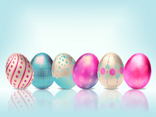 Vibrant vector illustration featuring six colorful Easter eggs with unique decorative patterns. Easter holiday greeting card, postcard, poster, flyer, hunting holiday, design vector illustration