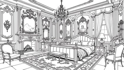 Bedroom coloring book page, drawing contours and outlines for doodle home interiors, apartment room illustration design in black and white style