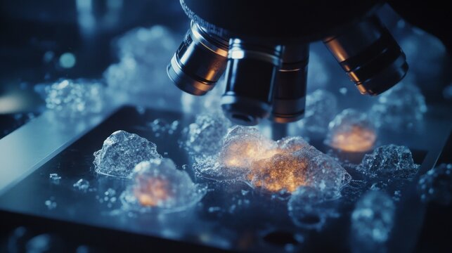 Aging cells observed under a microscope in a laboratory setting. Featuring the cellular aging process and degeneration