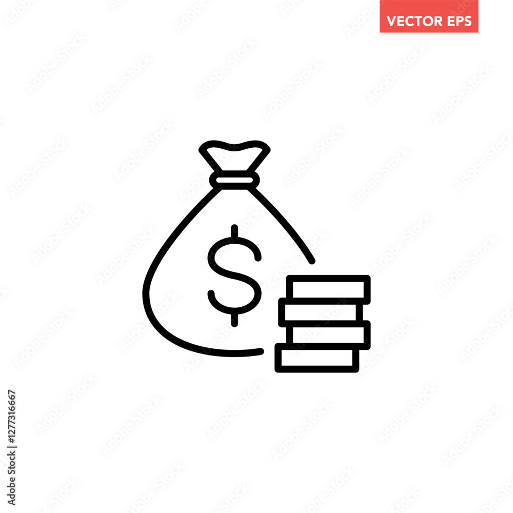 Poster single black money bag with stack of coins line icon, simple finance flat design vector pictogram, i